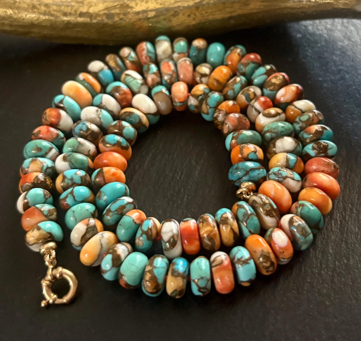 Kingman Turquoise & Spiny Oyster Necklace, Hand Knotted, Solid 14K gold