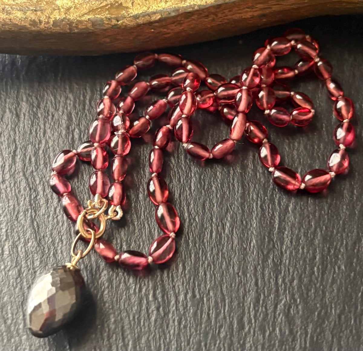 Mozambique Garnet  Necklace , Hand Knotted Gemstone Necklace, Solid 14K Gold