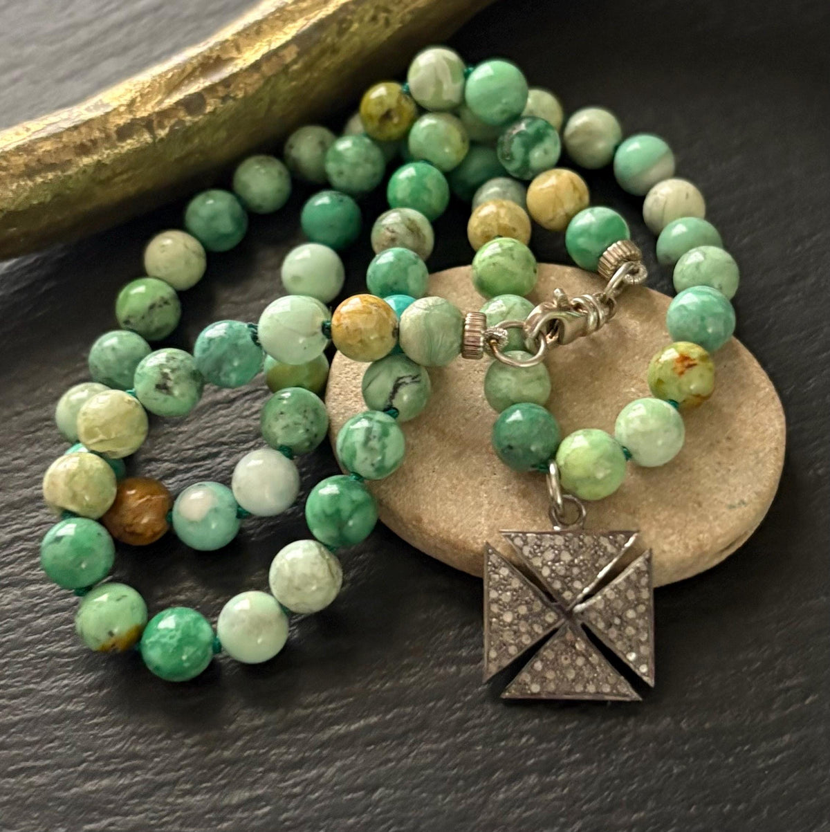 Nevada Apple Variscite Necklace, Pave Diamond Cross Pendant, Gemstone Jewelry