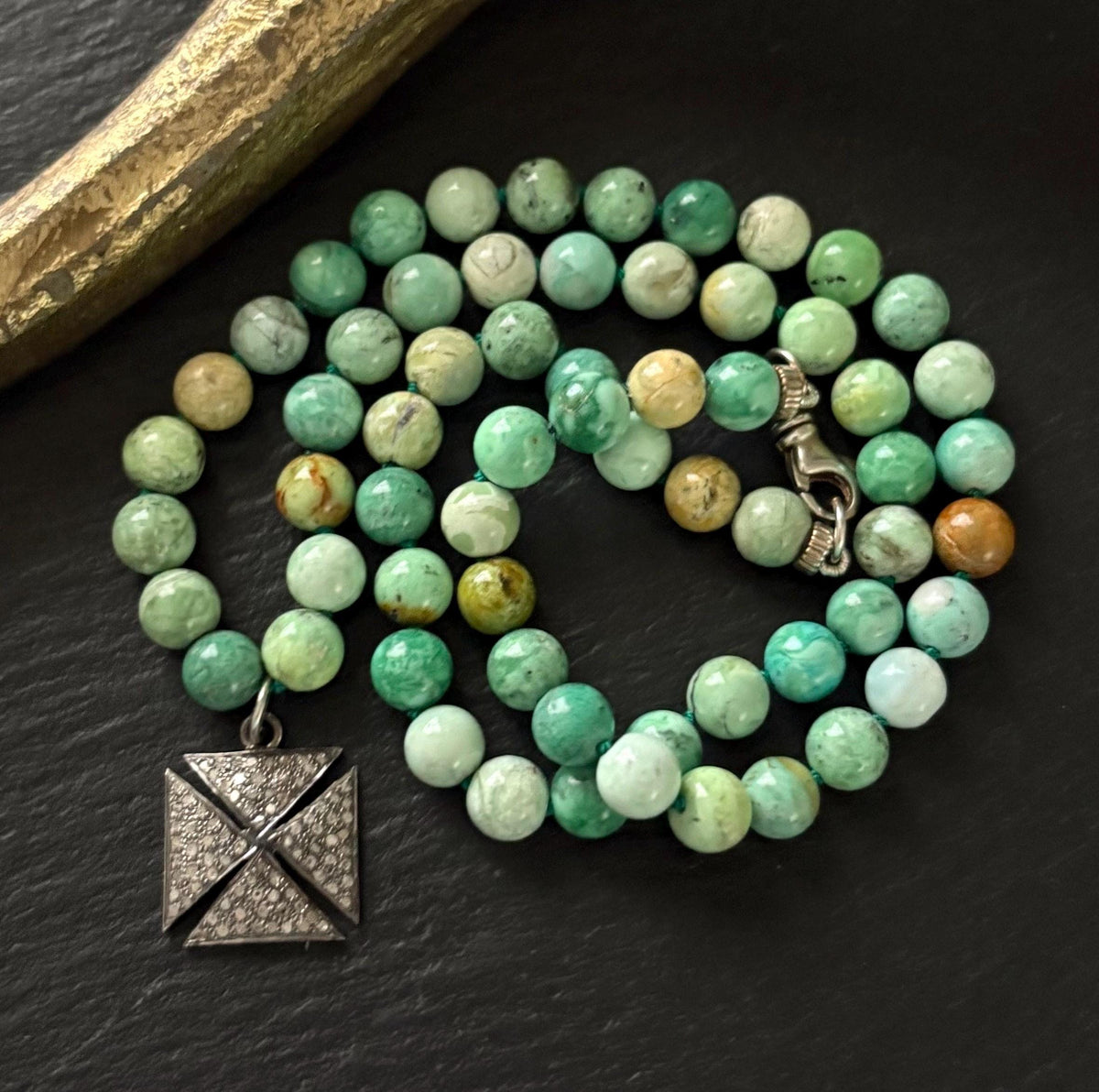 Nevada Apple Variscite Necklace, Pave Diamond Cross Pendant, Gemstone Jewelry