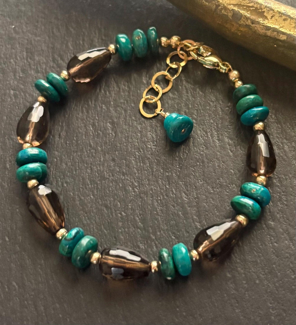 Luxe Natural Smoky Quartz & Chrysocolla Bracelet , 14K Gold Filled