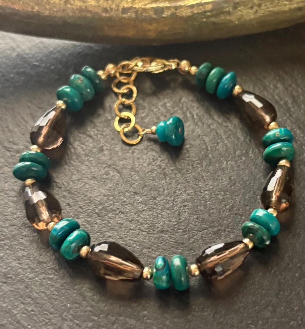 Luxe Natural Smoky Quartz & Chrysocolla Bracelet , 14K Gold Filled