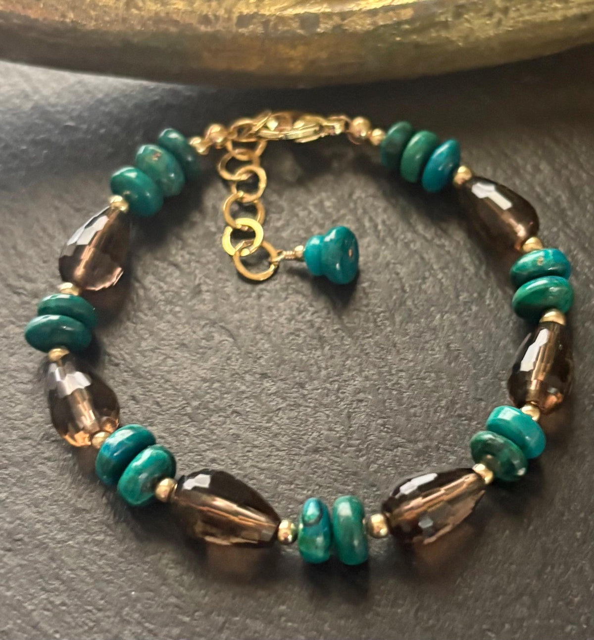 Luxe Natural Smoky Quartz & Chrysocolla Bracelet , 14K Gold Filled