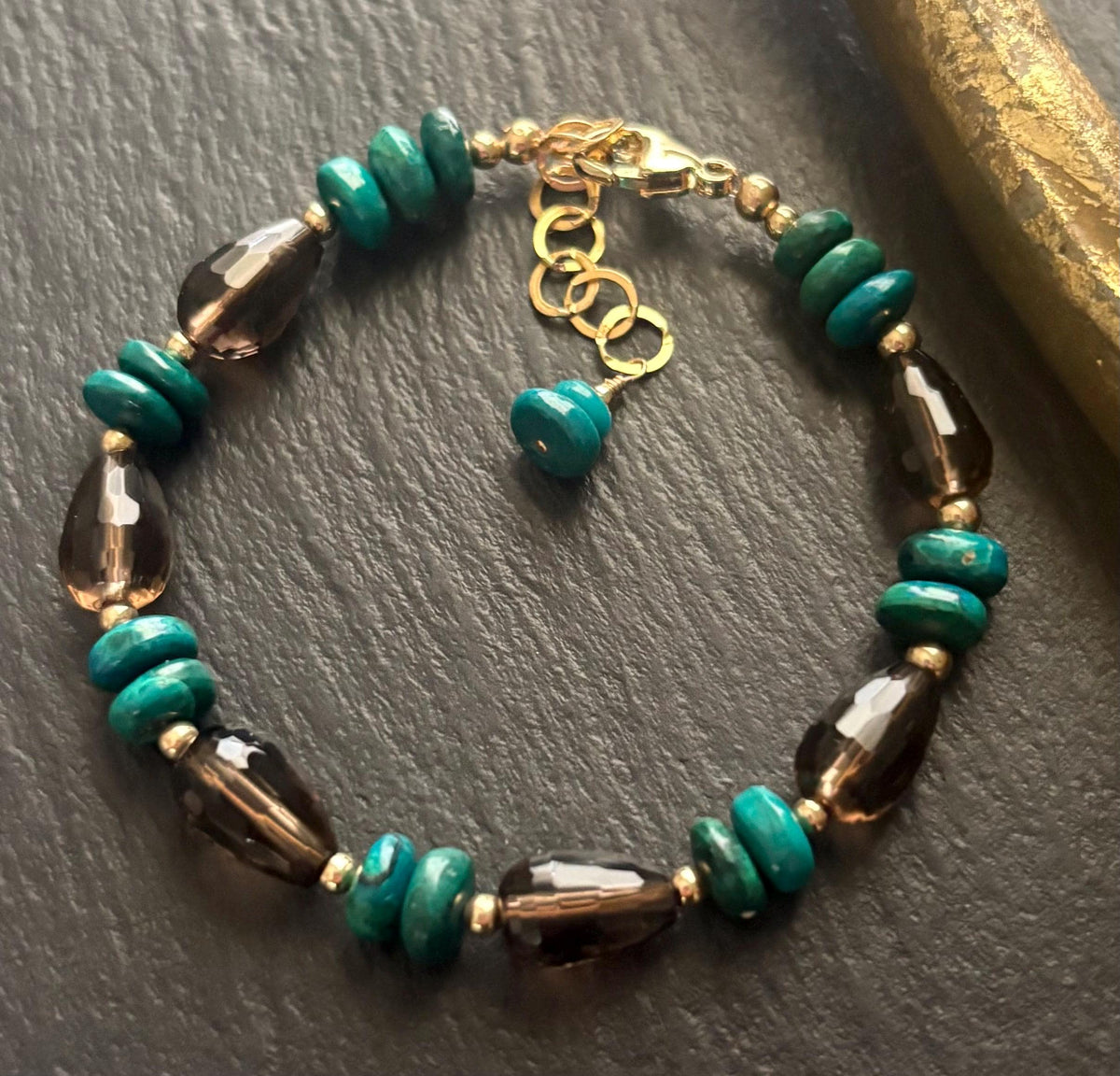 Luxe Natural Smoky Quartz & Chrysocolla Bracelet , 14K Gold Filled