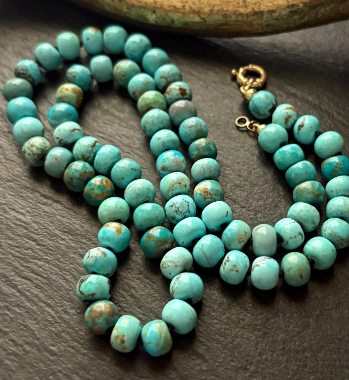 Arizona Turquoise Necklace, Solid 14K Gold, Hand Knotted