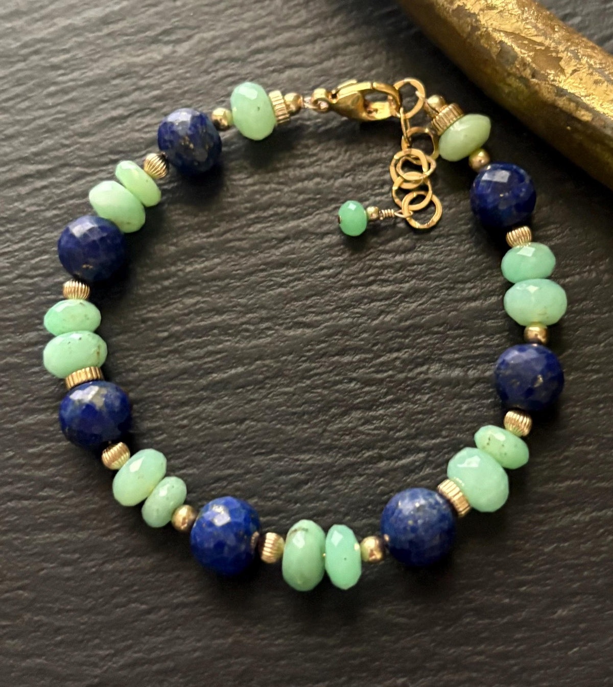 Lapis Lazuli & Chrysoprase  Gemstone Bracelet , 14K Gold Filled