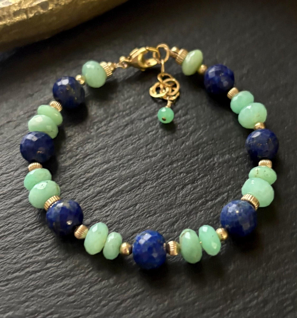 Lapis Lazuli & Chrysoprase  Gemstone Bracelet , 14K Gold Filled