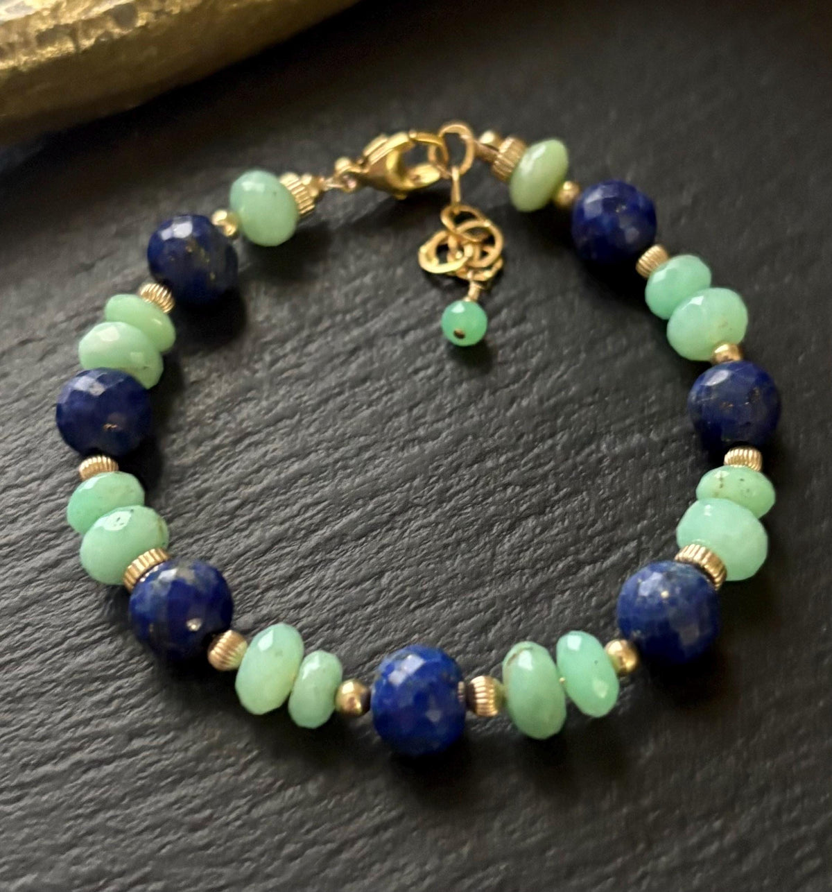 Lapis Lazuli & Chrysoprase  Gemstone Bracelet , 14K Gold Filled