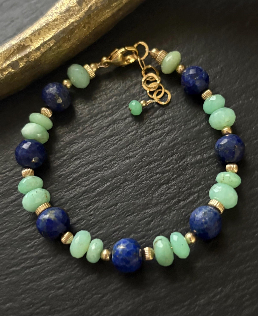 Lapis Lazuli & Chrysoprase  Gemstone Bracelet , 14K Gold Filled