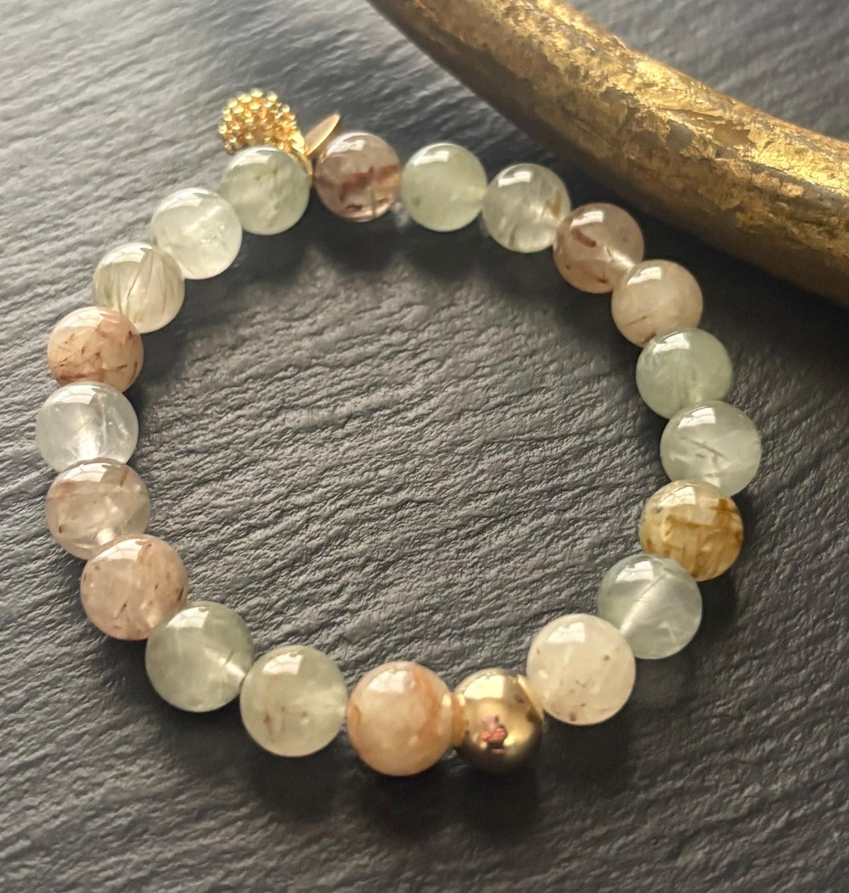 Luxe Natural Green Phantom Quartz Lodalite Stretch Bracelet, 14K Gold Filled