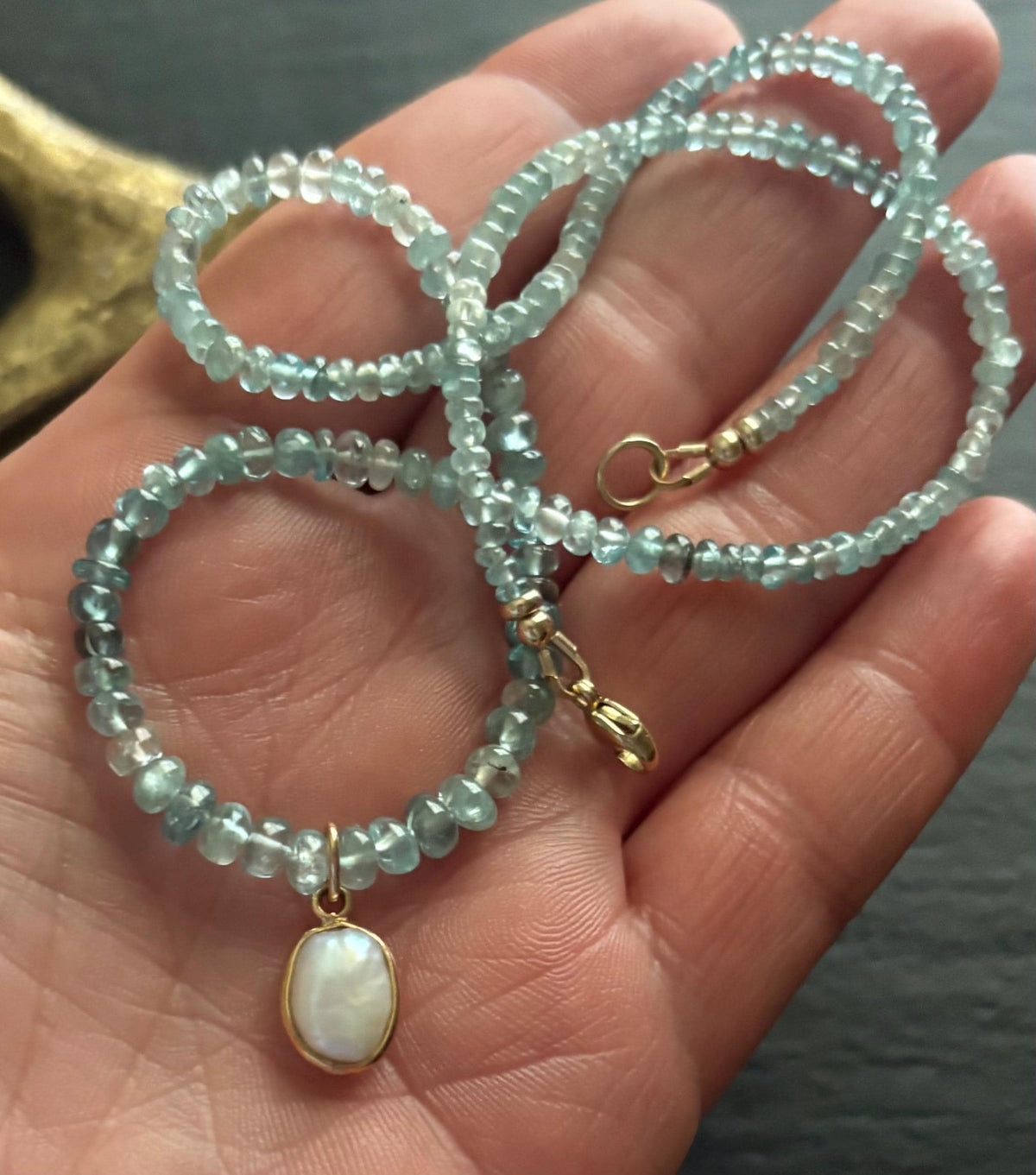 Natural Aqua blue Zircon Necklace: 18K Gold Baroque Pearl Pendant, Solid 14K Gold