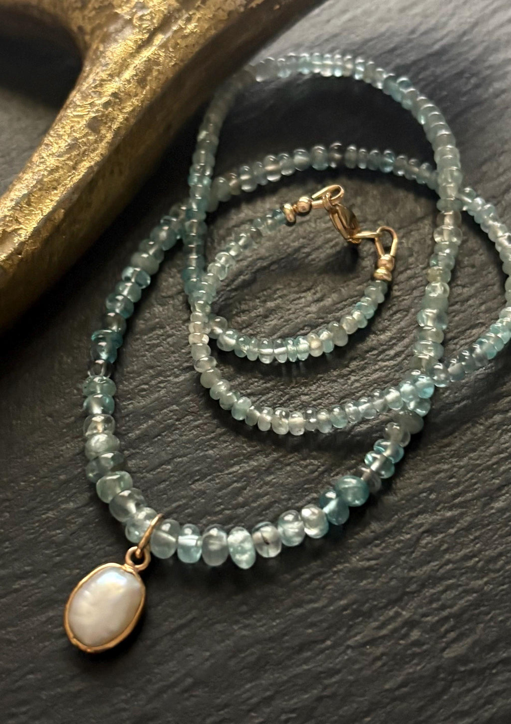 Natural Aqua blue Zircon Necklace: 18K Gold Baroque Pearl Pendant, Solid 14K Gold