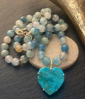 Blue Azurite in Calcite Necklace & Kingman Turquoise Gemstone Heart Pendant Hand Knotted Necklace