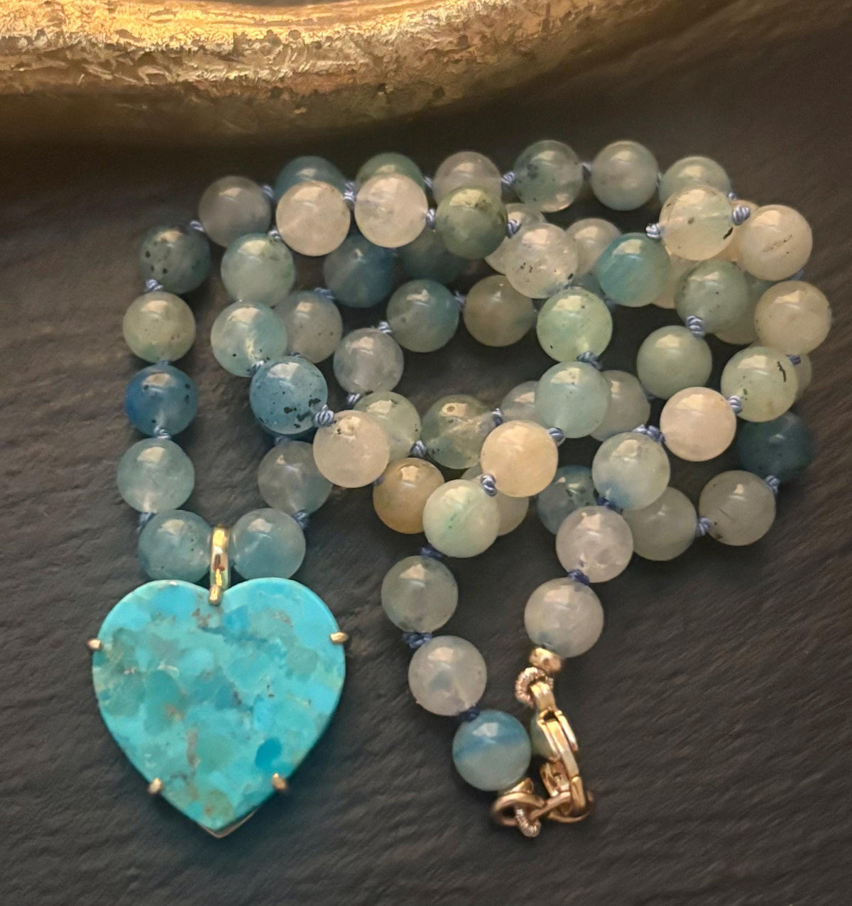Blue Azurite in Calcite Necklace & Kingman Turquoise Gemstone Heart Pendant Hand Knotted Necklace