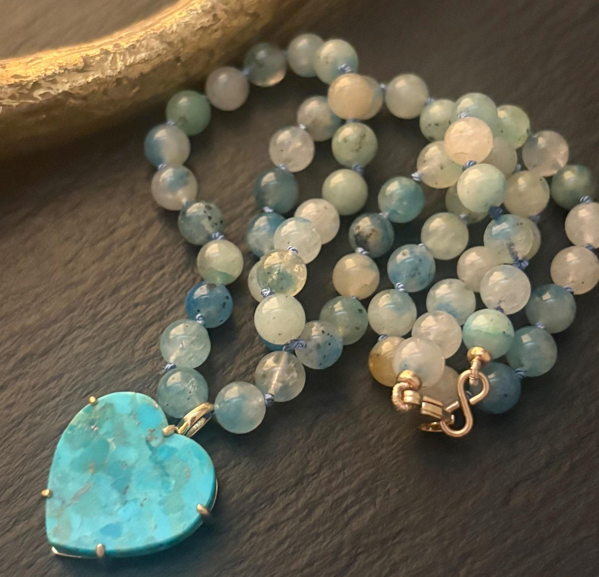 Blue Azurite in Calcite Necklace & Kingman Turquoise Gemstone Heart Pendant Hand Knotted Necklace