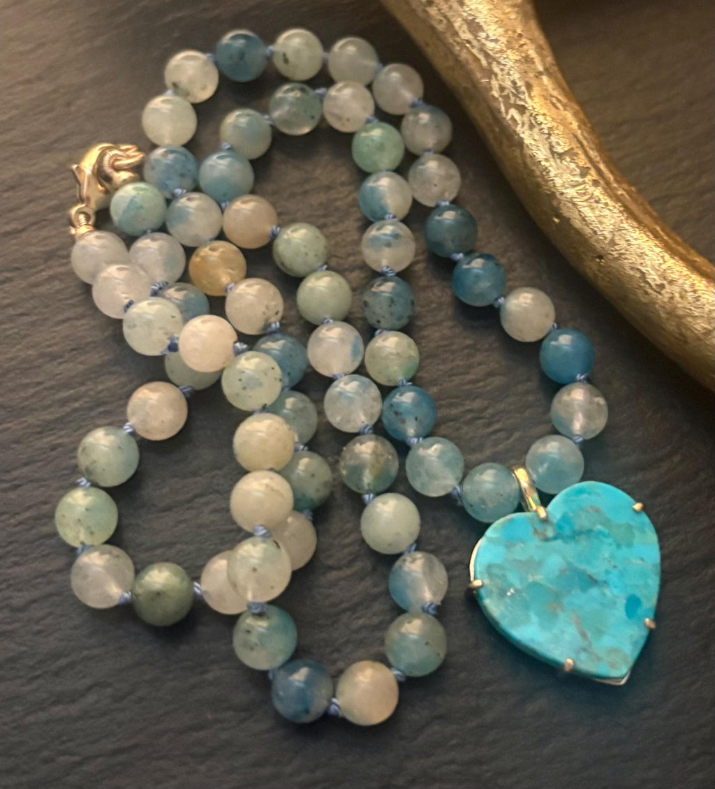 Blue Azurite in Calcite Necklace & Kingman Turquoise Gemstone Heart Pendant Hand Knotted Necklace