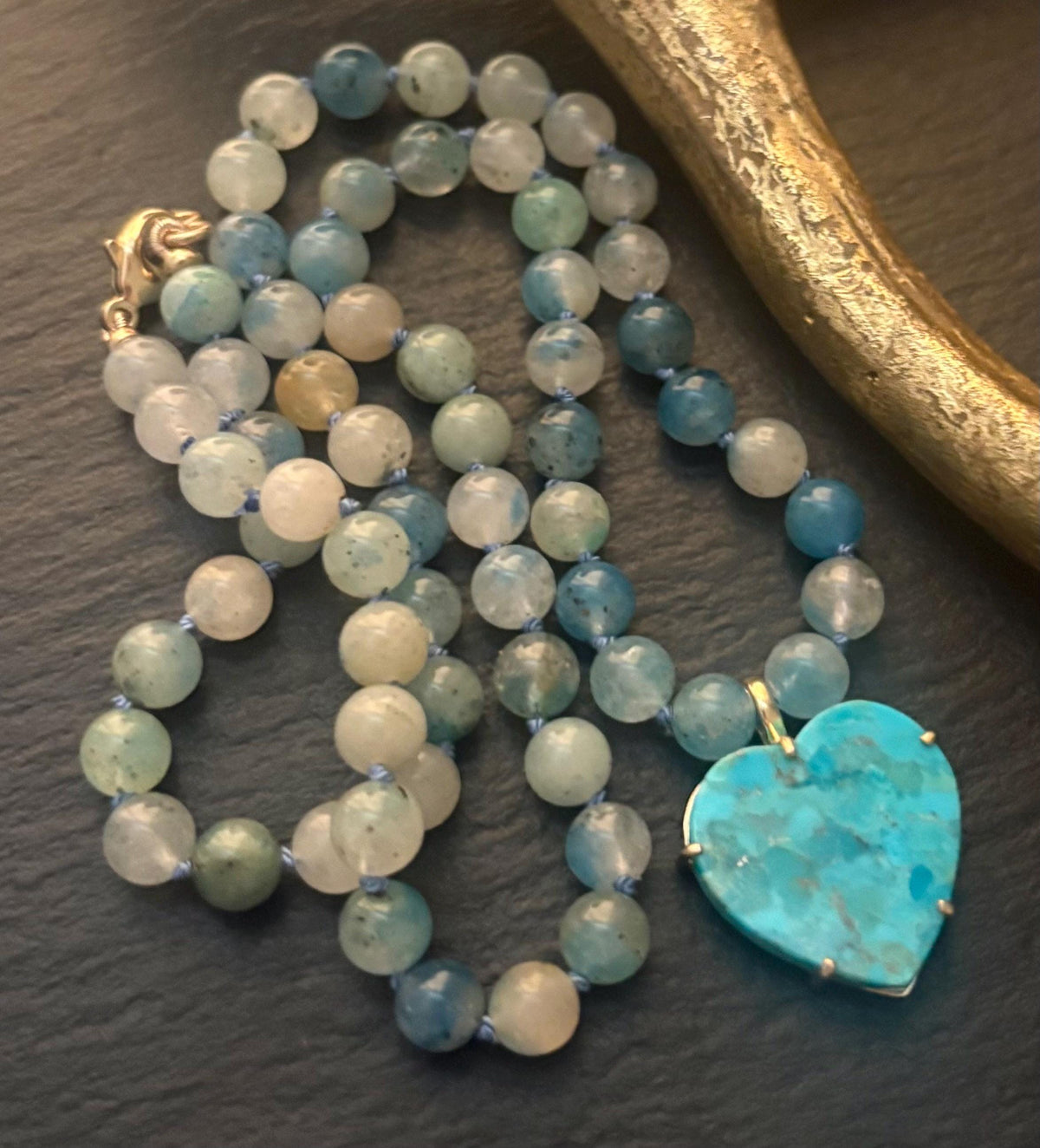 Blue Azurite in Calcite Necklace & Kingman Turquoise Gemstone Heart Pendant Hand Knotted Necklace