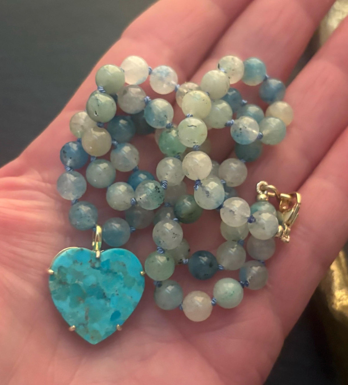 Blue Azurite in Calcite Necklace & Kingman Turquoise Gemstone Heart Pendant Hand Knotted Necklace