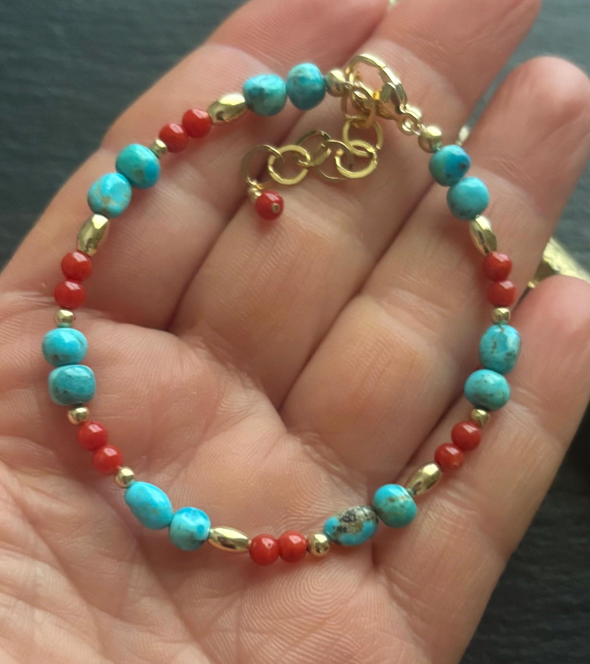 Kingman Turquoise & Red Coral Bracelet, 14k Gold Filled