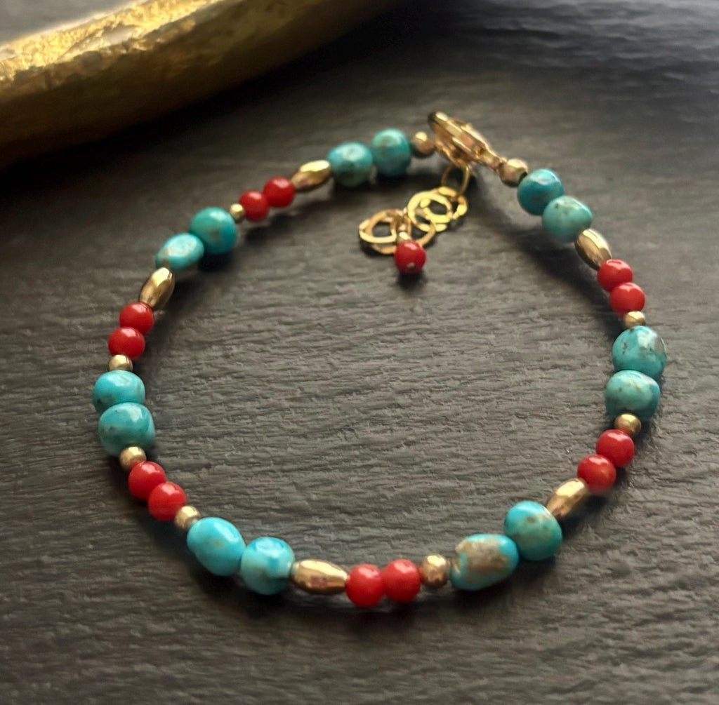 Kingman Turquoise & Red Coral Bracelet, 14k Gold Filled