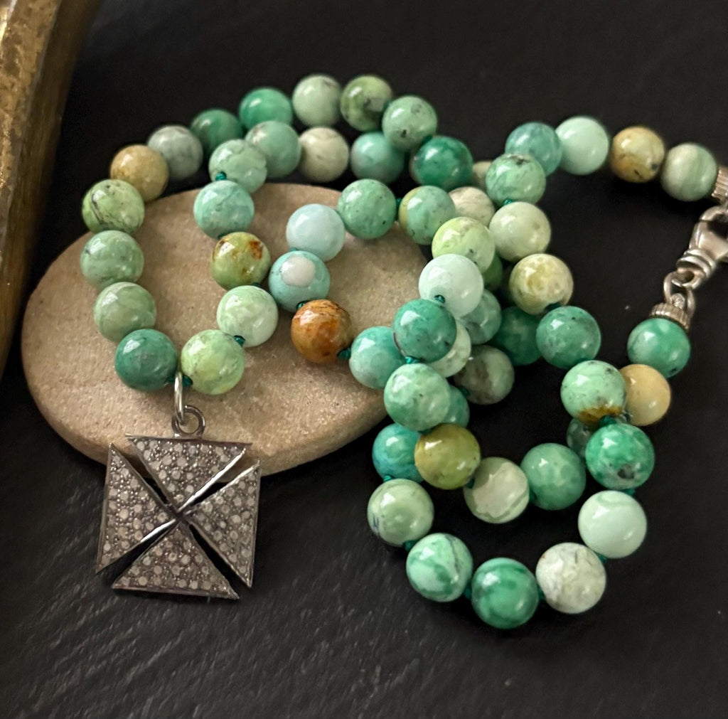Nevada Apple Variscite Necklace, Pave Diamond Cross Pendant, Gemstone Jewelry