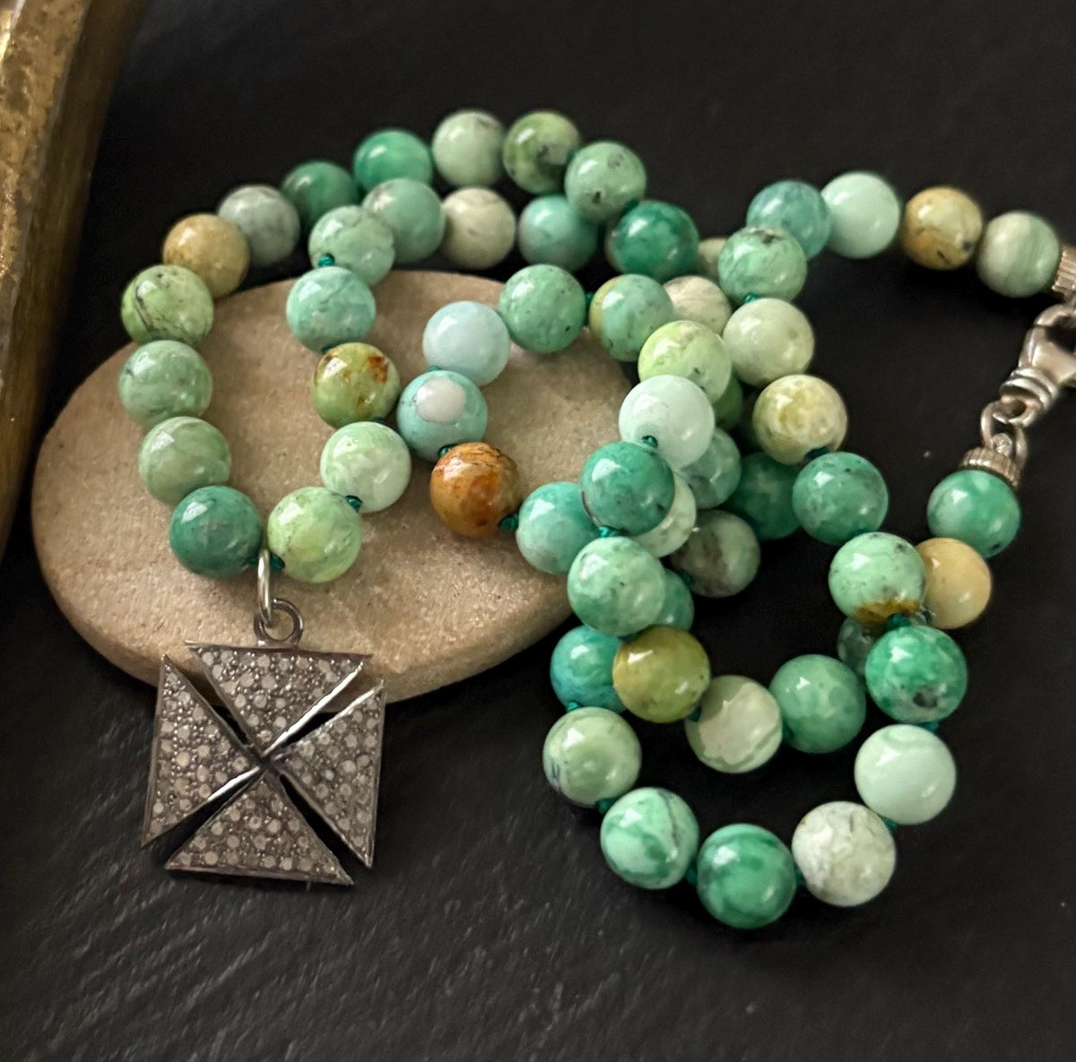 Nevada Apple Variscite Necklace, Pave Diamond Cross Pendant, Gemstone Jewelry