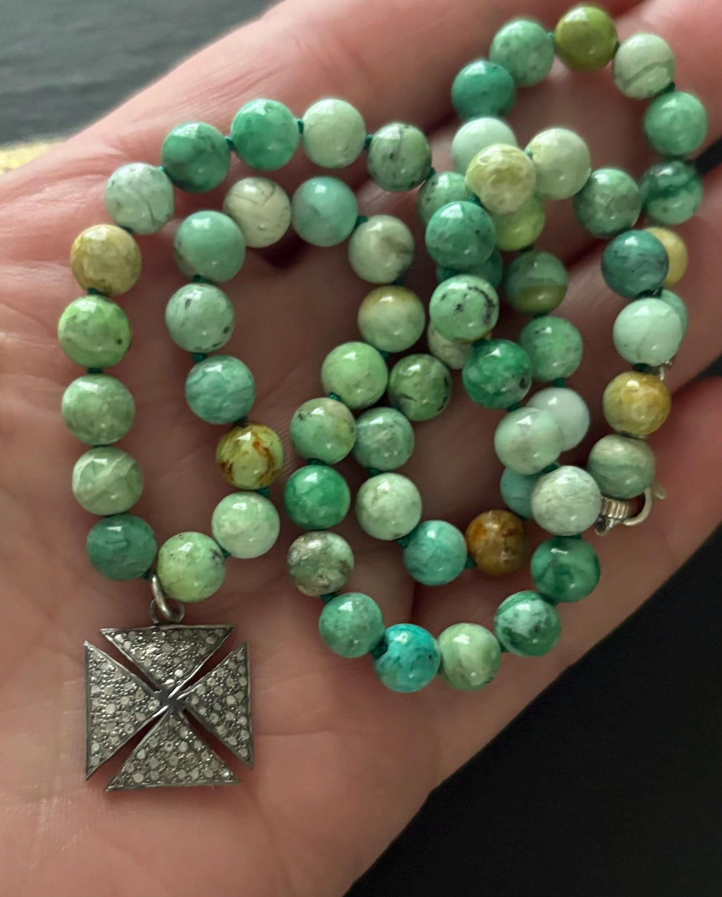 Nevada Apple Variscite Necklace, Pave Diamond Cross Pendant, Gemstone Jewelry