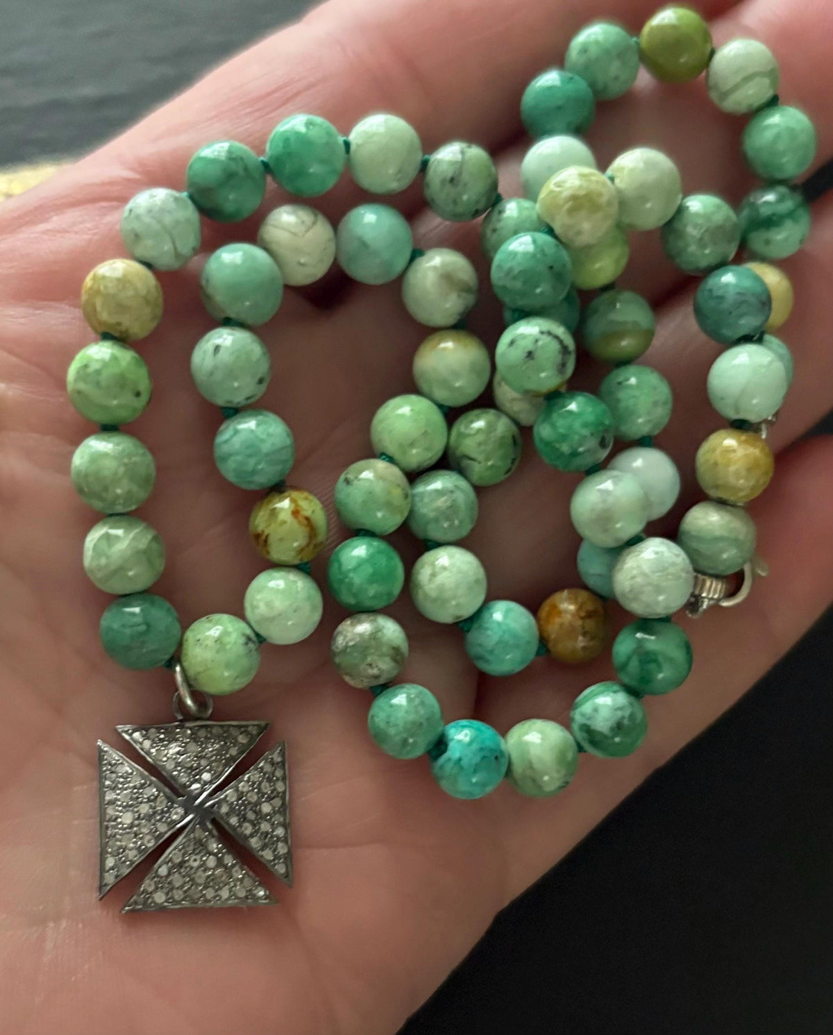 Nevada Apple Variscite Necklace, Pave Diamond Cross Pendant, Gemstone Jewelry