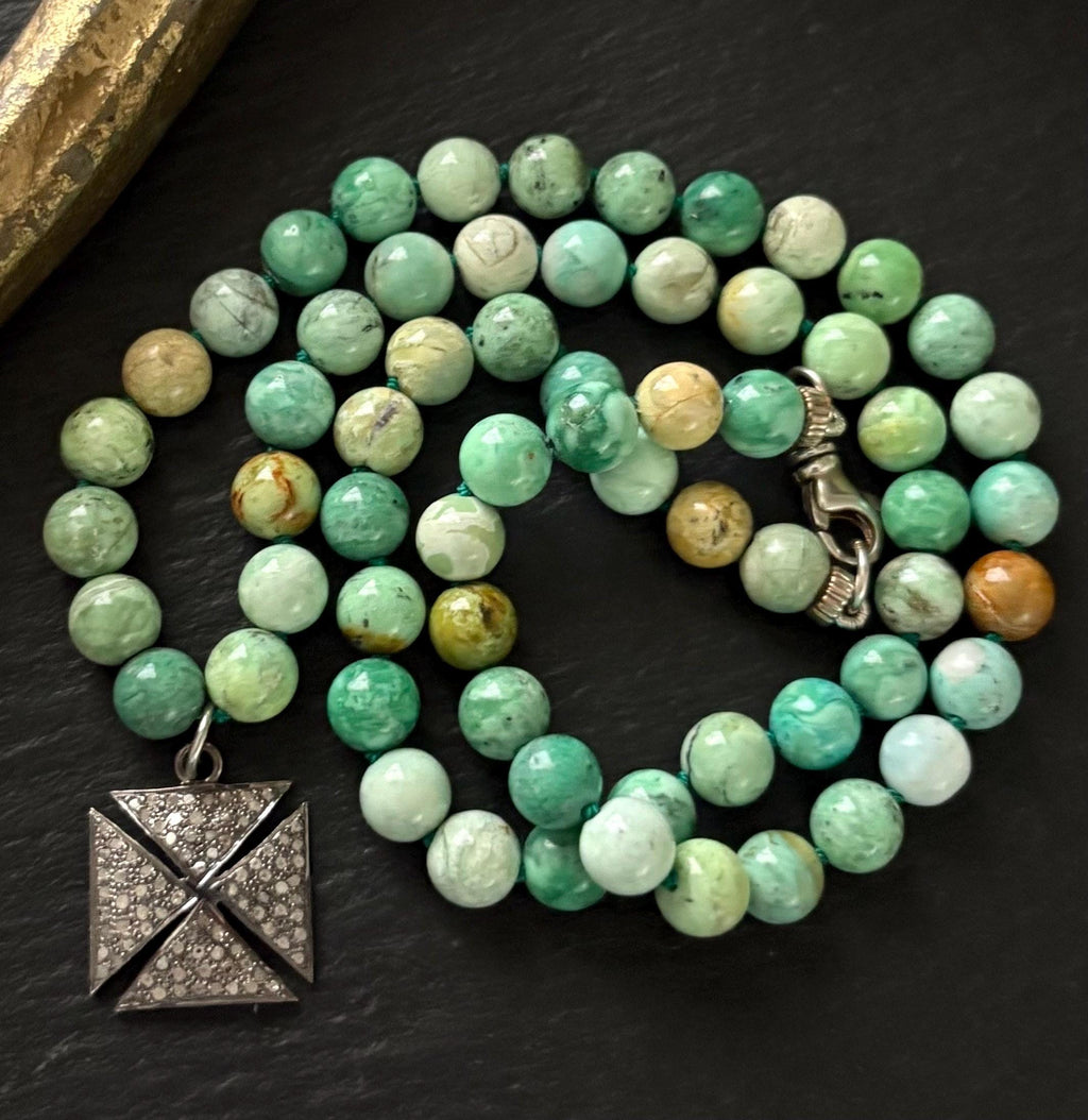 Nevada Apple Variscite Necklace, Pave Diamond Cross Pendant, Gemstone Jewelry