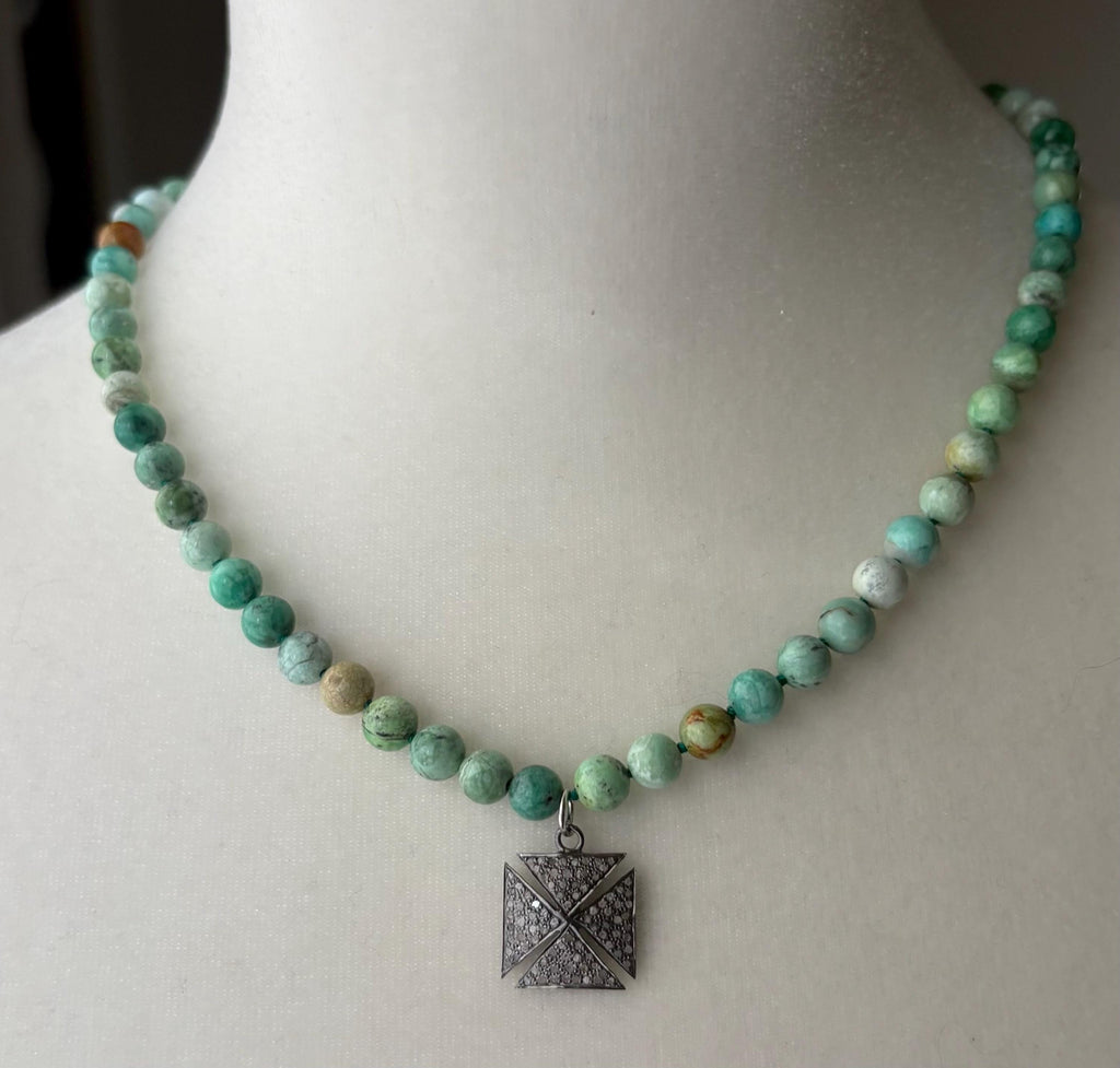Nevada Apple Variscite Necklace, Pave Diamond Cross Pendant, Gemstone Jewelry