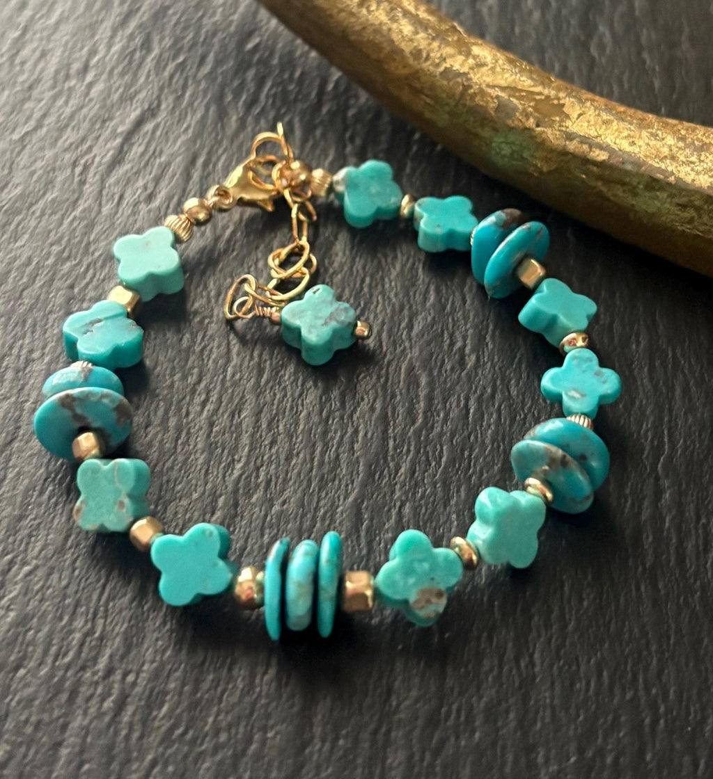 Natural Turquoise  Clover Bracelet,  Hand Carved Turquoise, 14K Gold Filled