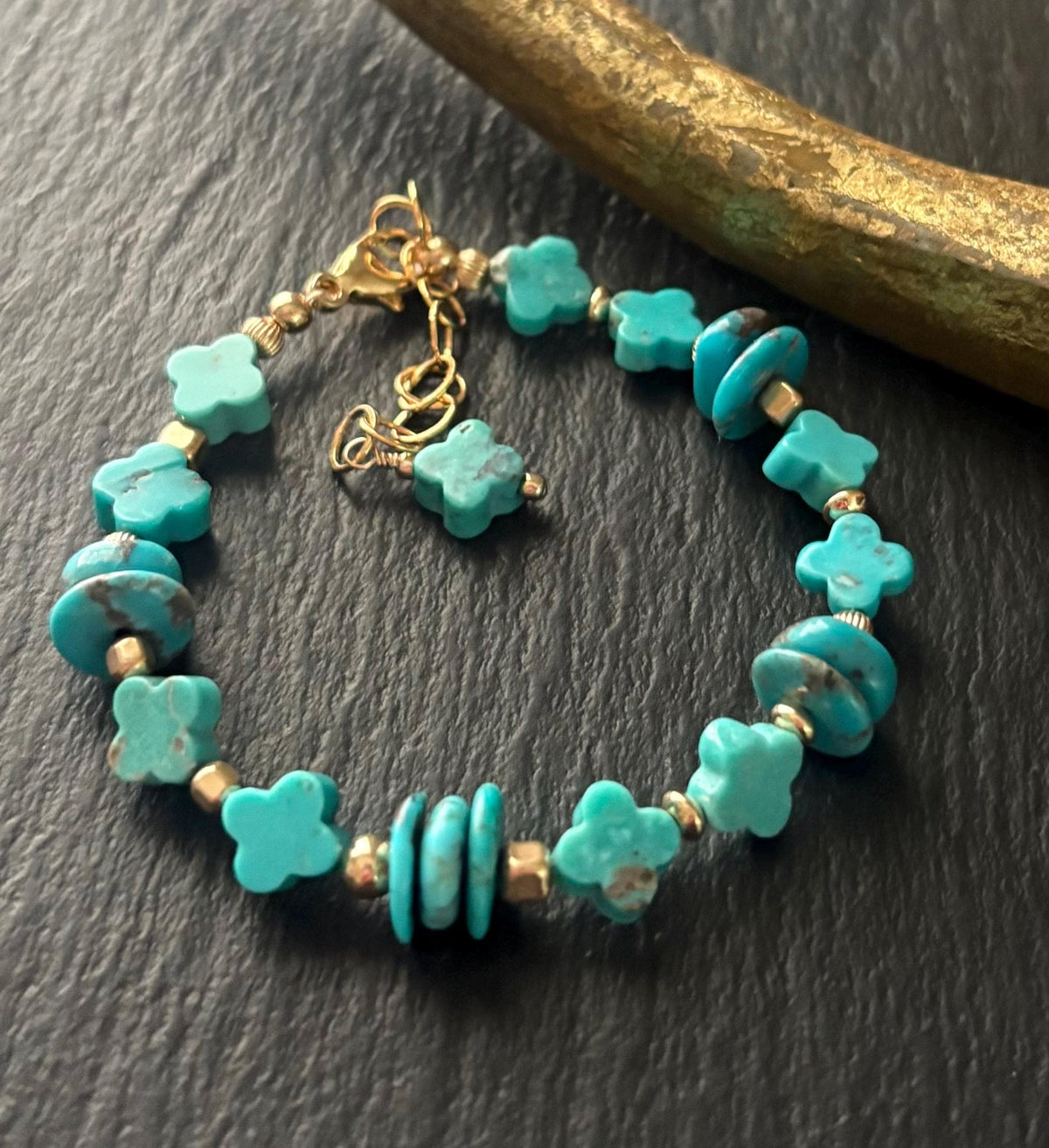 Natural Turquoise  Clover Bracelet,  Hand Carved Turquoise, 14K Gold Filled