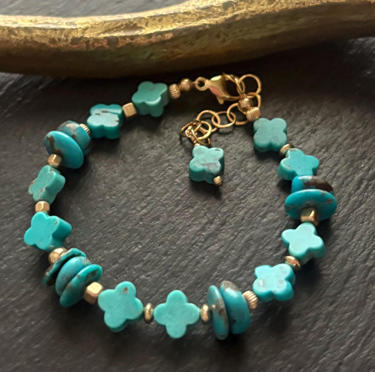 Natural Turquoise  Clover Bracelet,  Hand Carved Turquoise, 14K Gold Filled