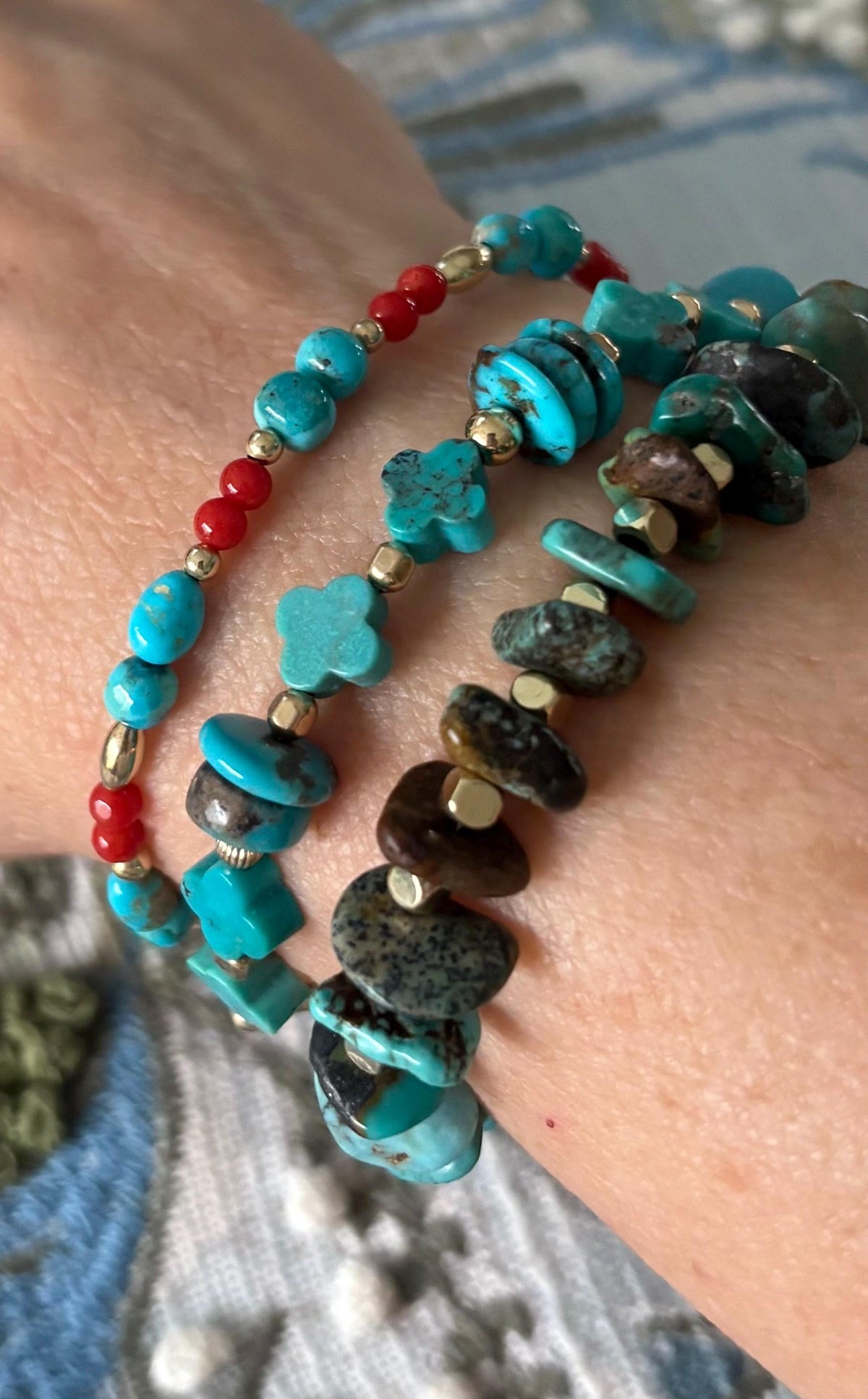 Kingman Turquoise & Red Coral Bracelet, 14k Gold Filled