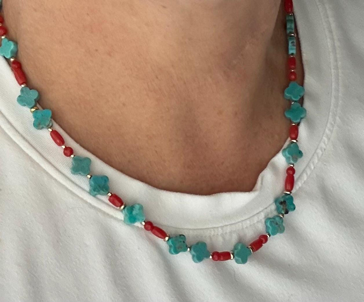 Turquoise Clover Necklace, Hand Carved Turquoise, Red Coral, 14K Gold Filled
