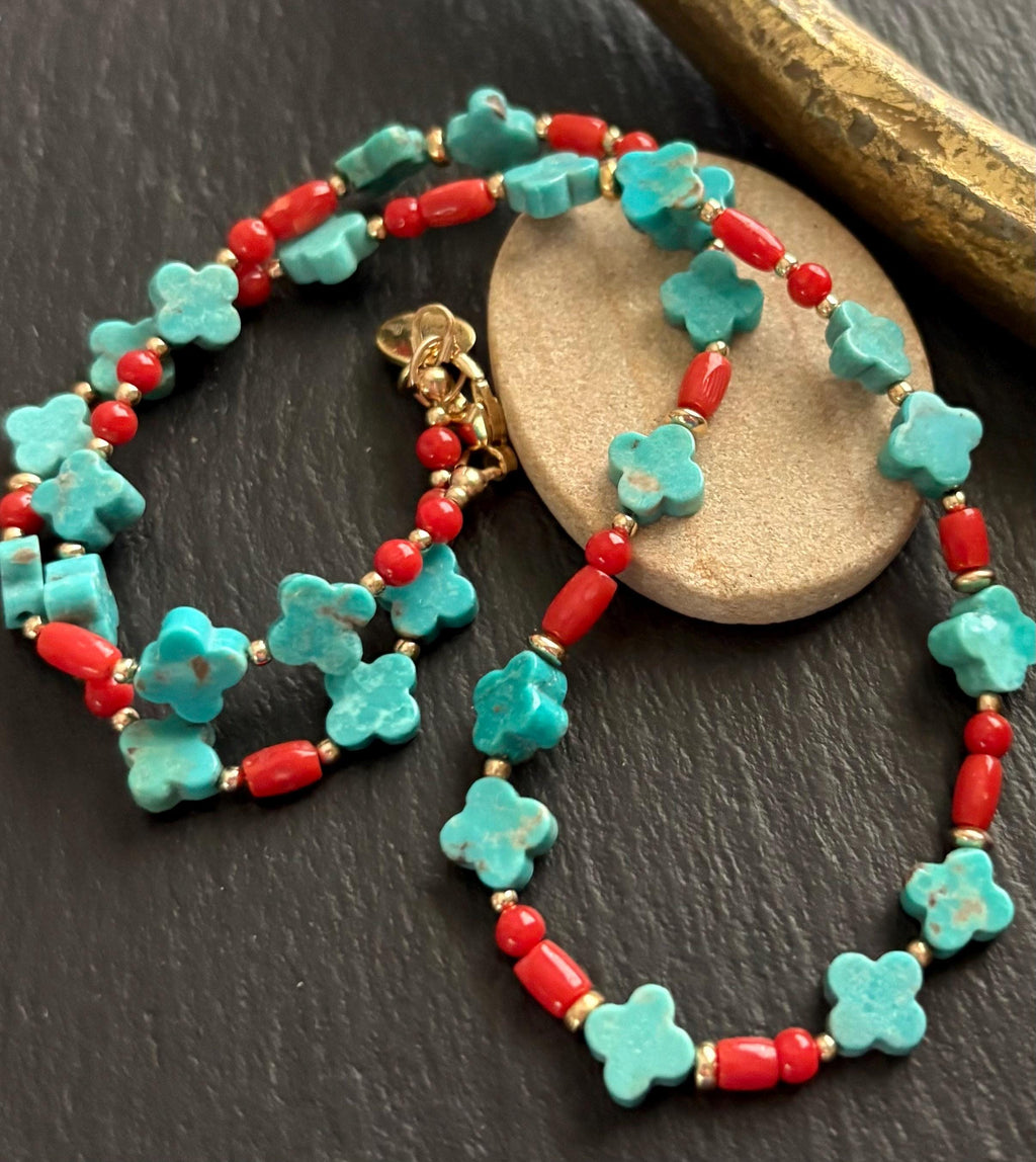 Turquoise Clover Necklace, Hand Carved Turquoise, Red Coral, 14K Gold Filled