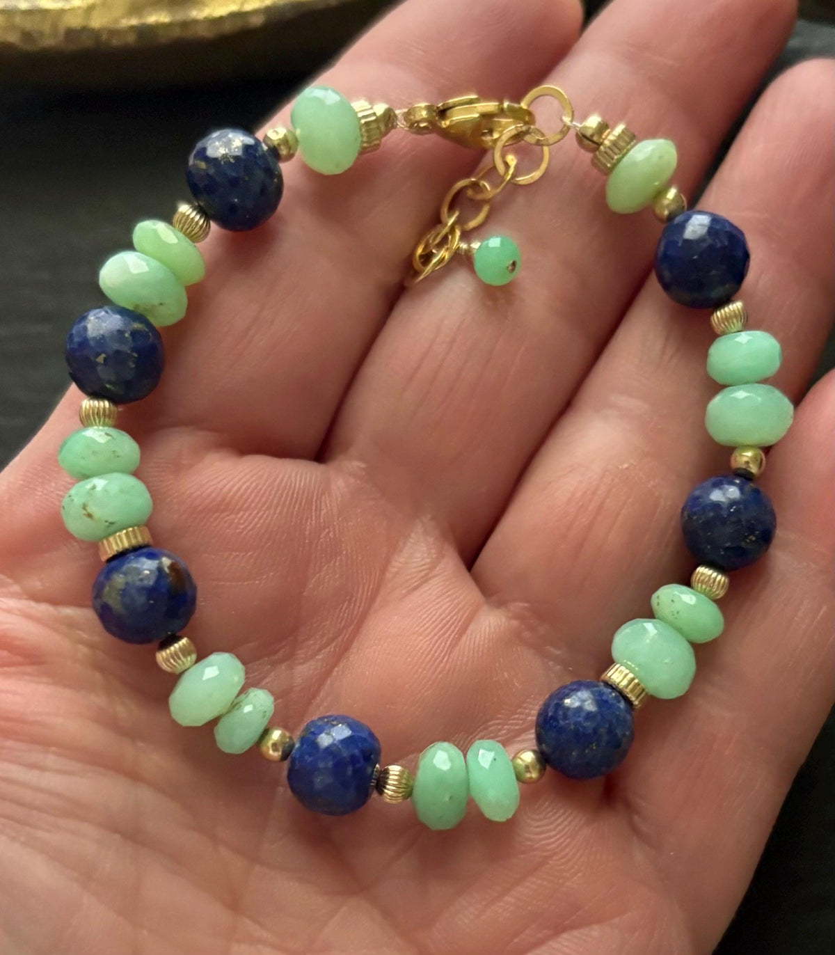 Lapis Lazuli & Chrysoprase  Gemstone Bracelet , 14K Gold Filled
