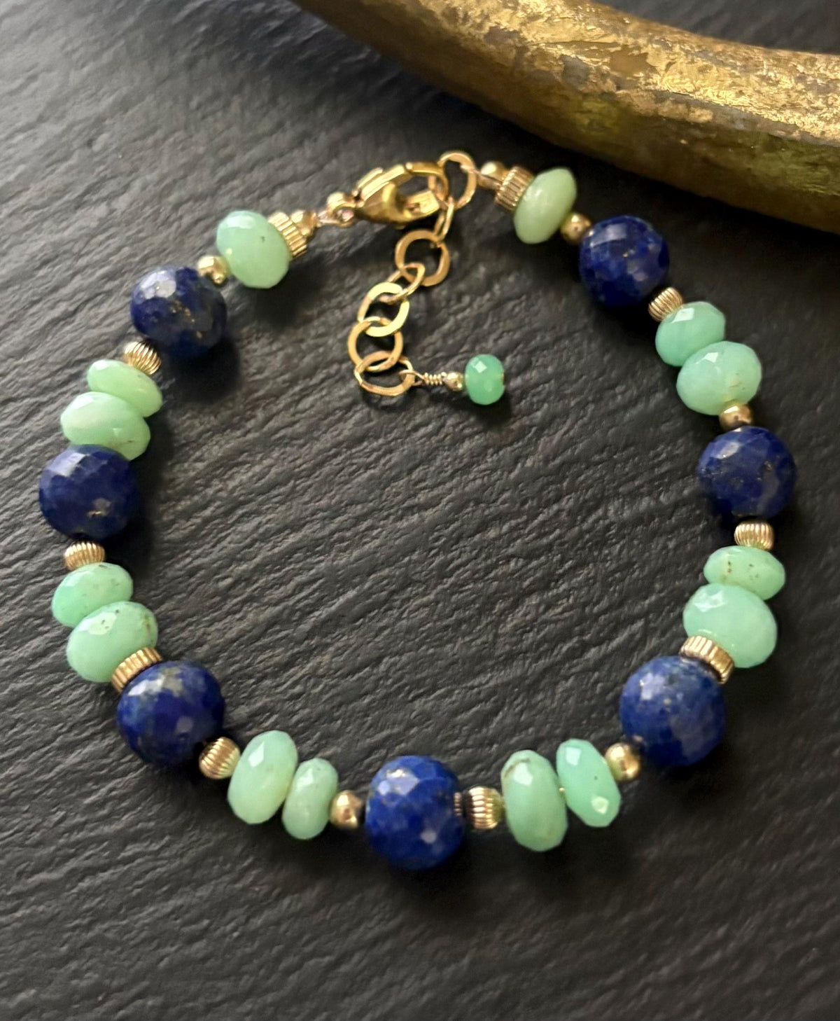 Lapis Lazuli & Chrysoprase  Gemstone Bracelet , 14K Gold Filled