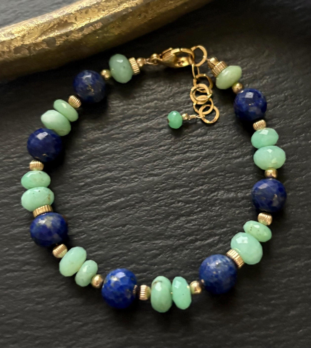 Lapis Lazuli & Chrysoprase  Gemstone Bracelet , 14K Gold Filled
