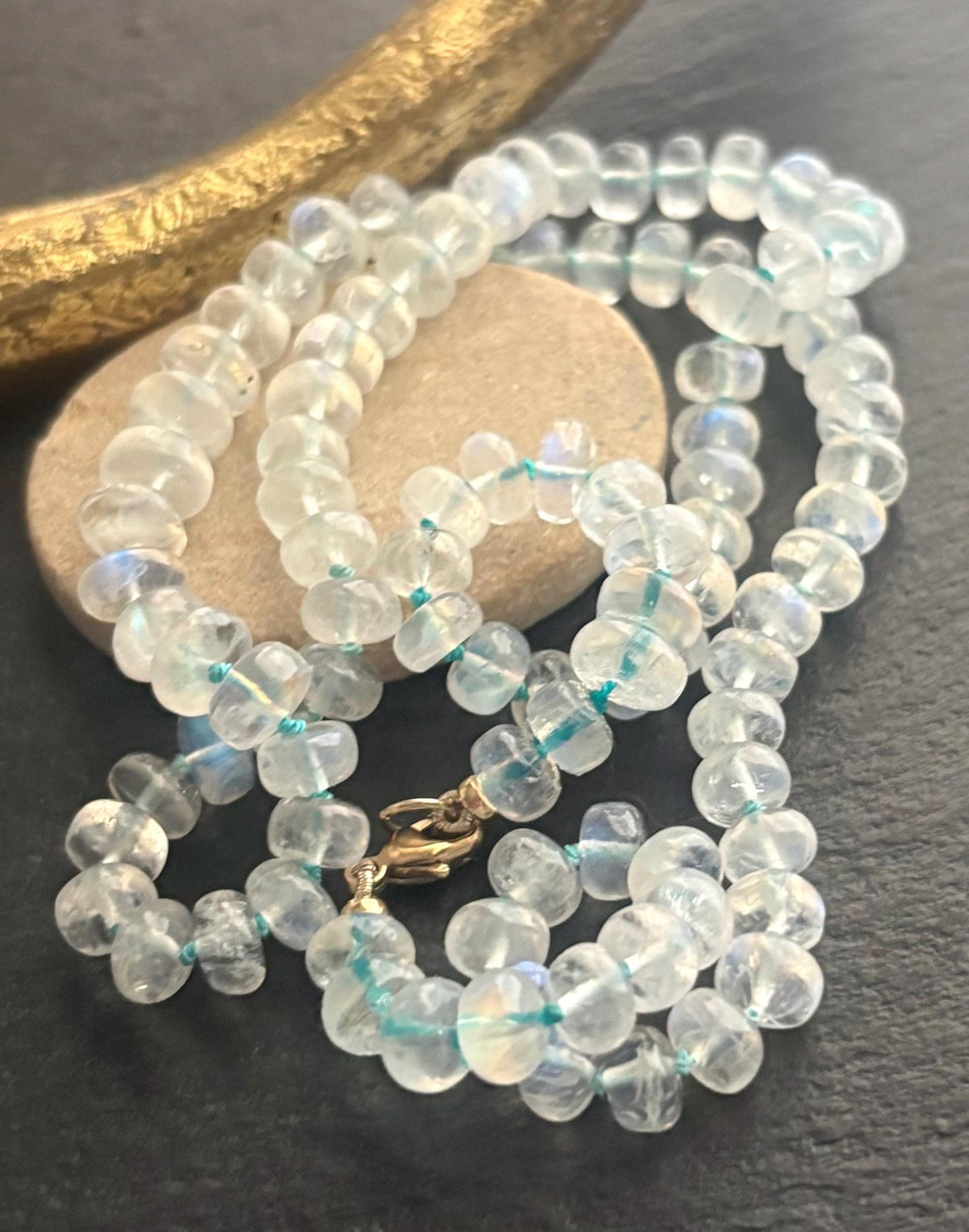 Natural Flashy Rainbow Moonstone Hand Knotted Necklace, Solid 14K Gold