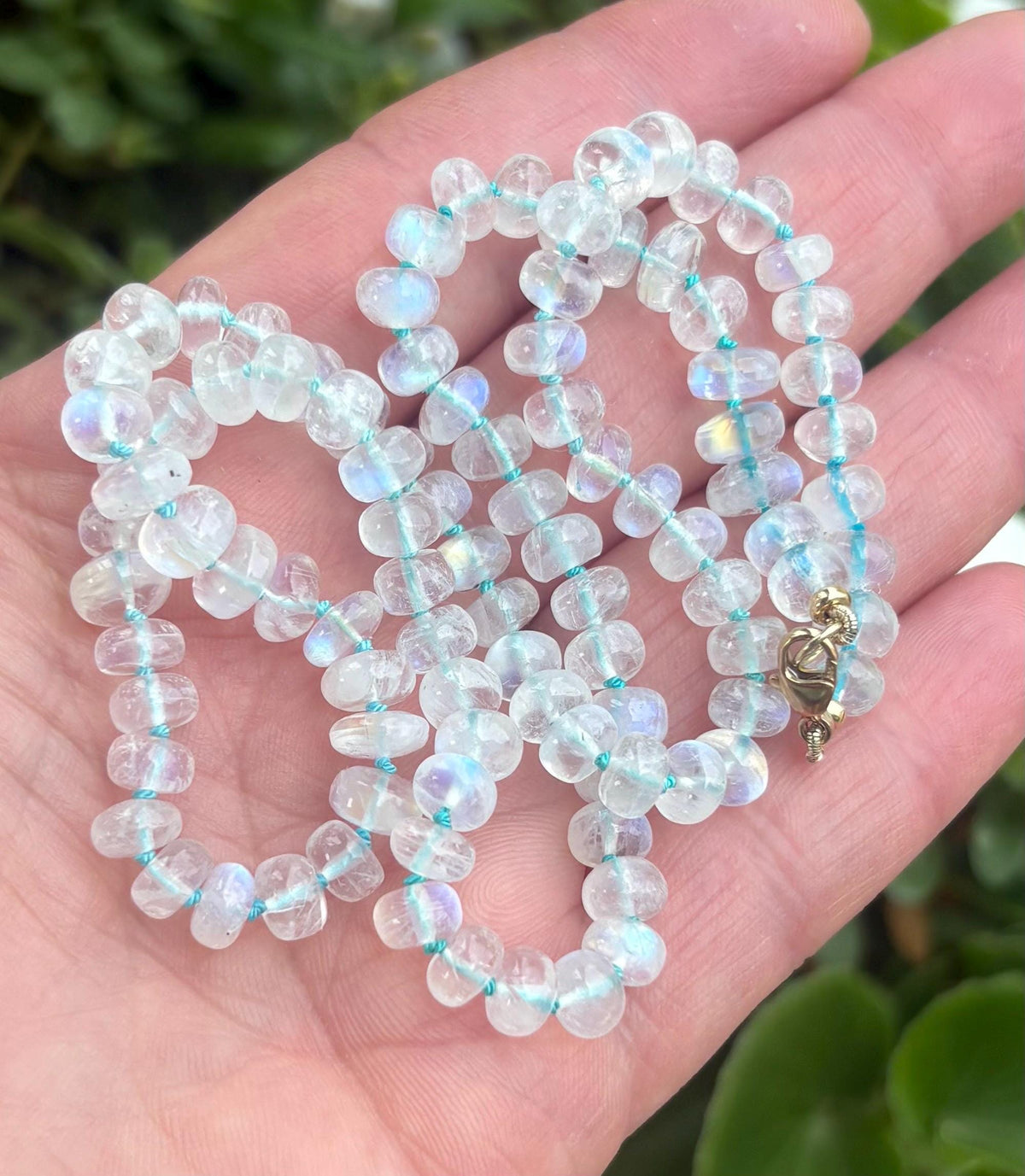 Natural Flashy Rainbow Moonstone Hand Knotted Necklace, Solid 14K Gold