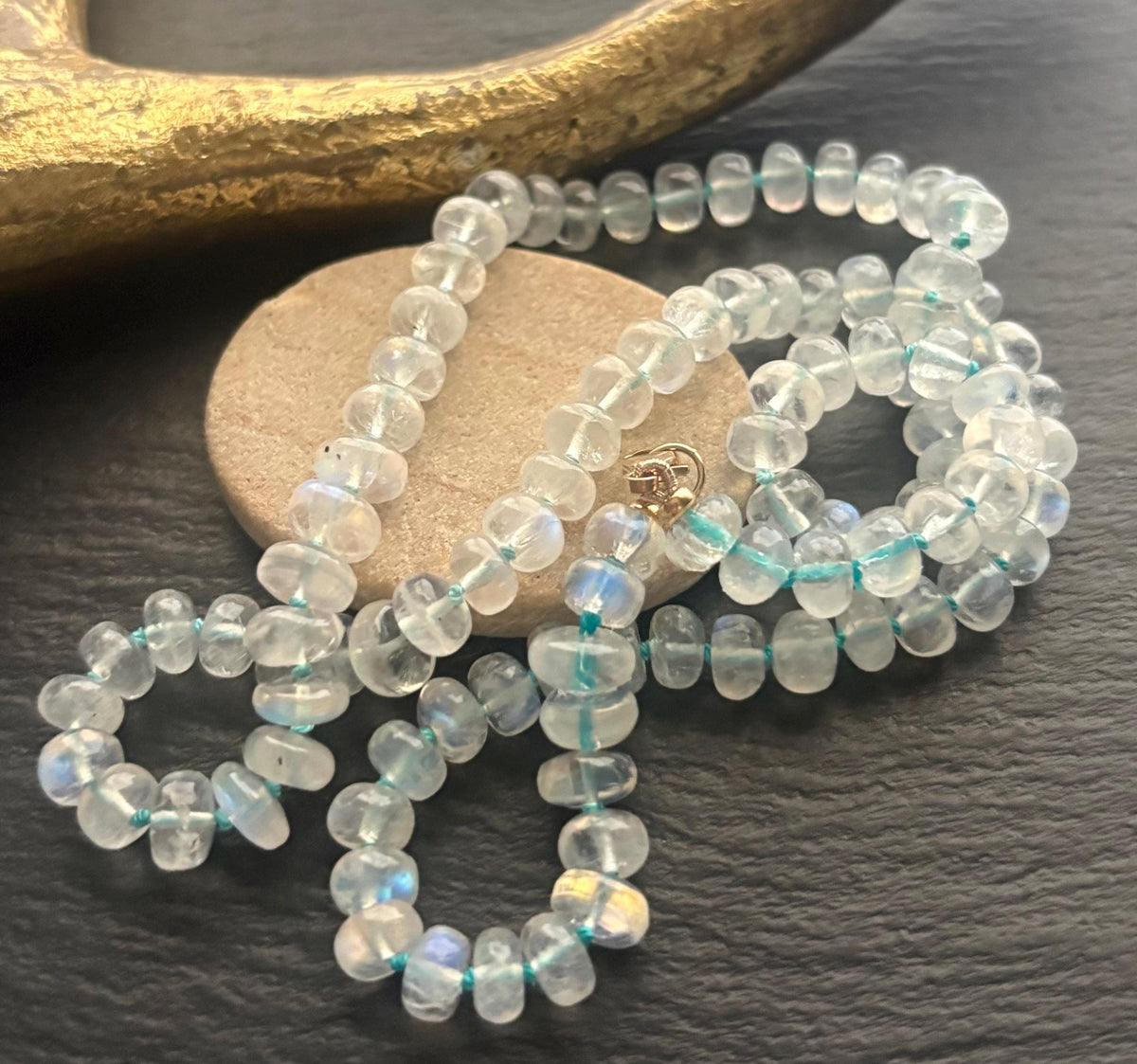 Natural Flashy Rainbow Moonstone Hand Knotted Necklace, Solid 14K Gold