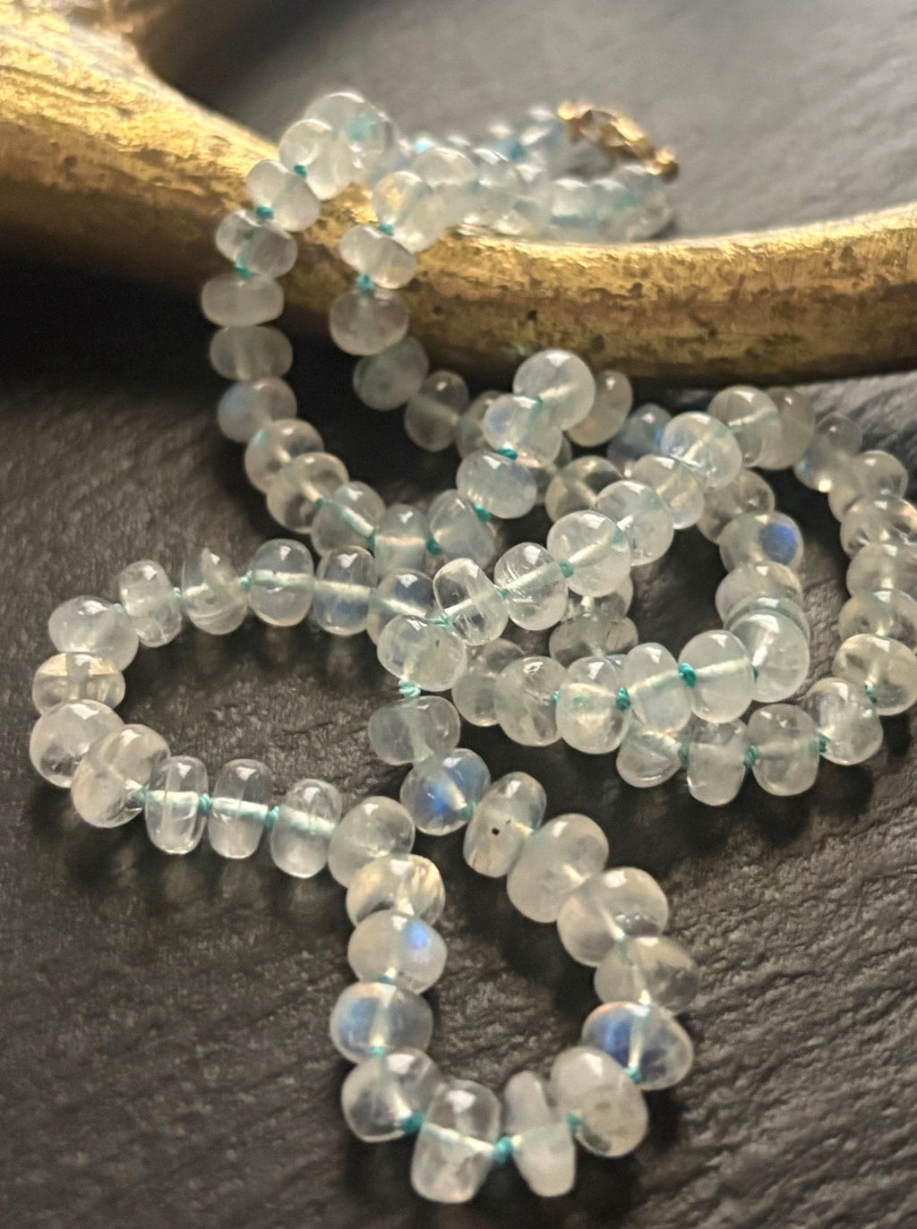 Natural Flashy Rainbow Moonstone Hand Knotted Necklace, Solid 14K Gold