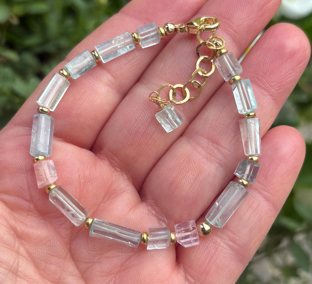 Natural Aquamarine Bracelet, Faceted Aquamarine Gemstone, 14K Gold Filled