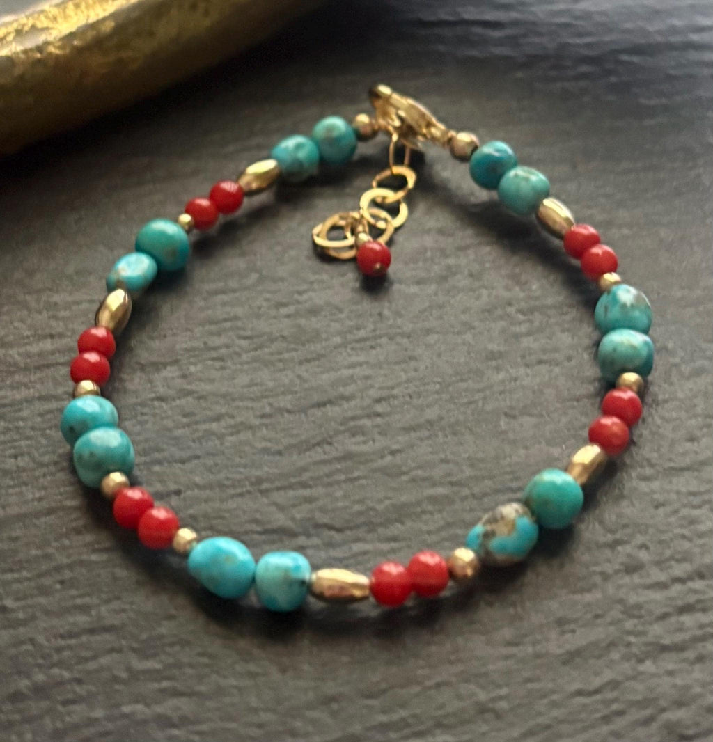 Kingman Turquoise & Red Coral Bracelet, 14k Gold Filled