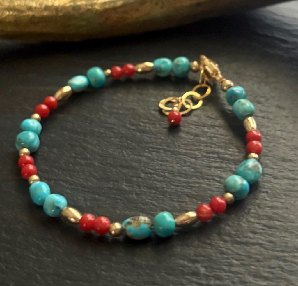 Kingman Turquoise & Red Coral Bracelet, 14k Gold Filled