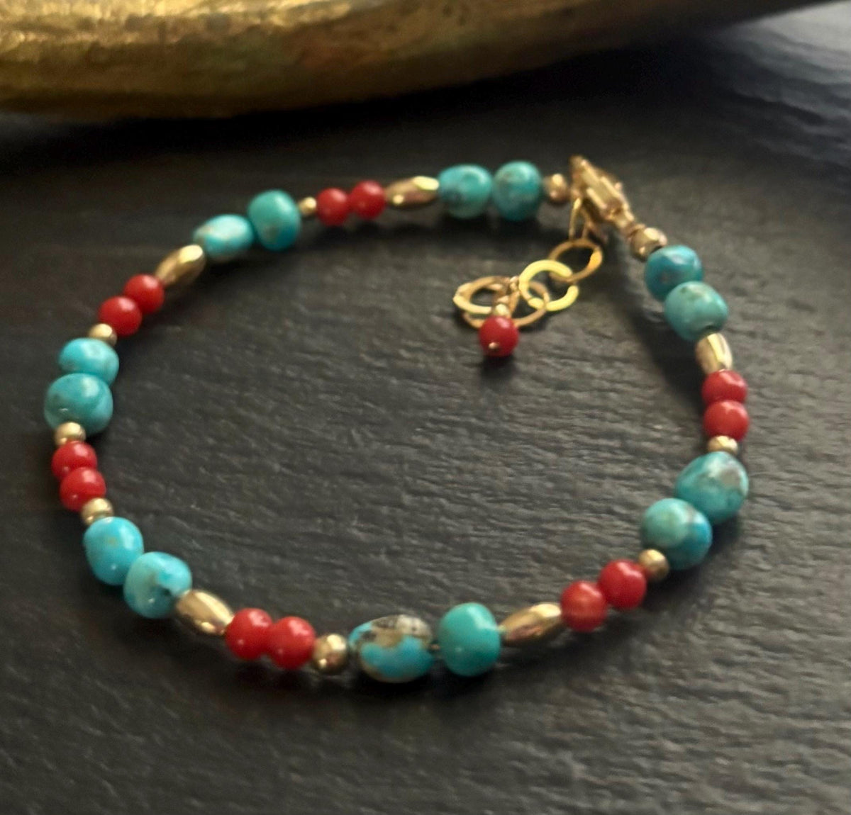 Kingman Turquoise & Red Coral Bracelet, 14k Gold Filled