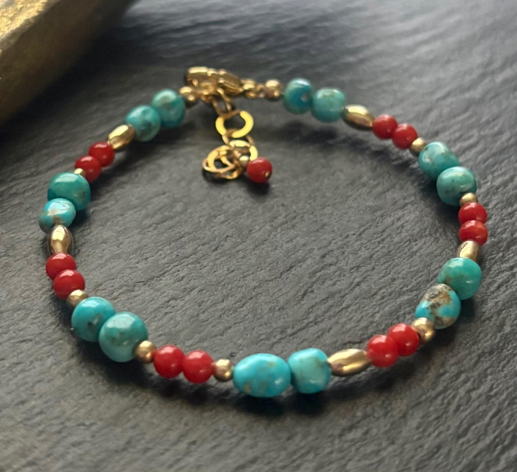 Kingman Turquoise & Red Coral Bracelet, 14k Gold Filled