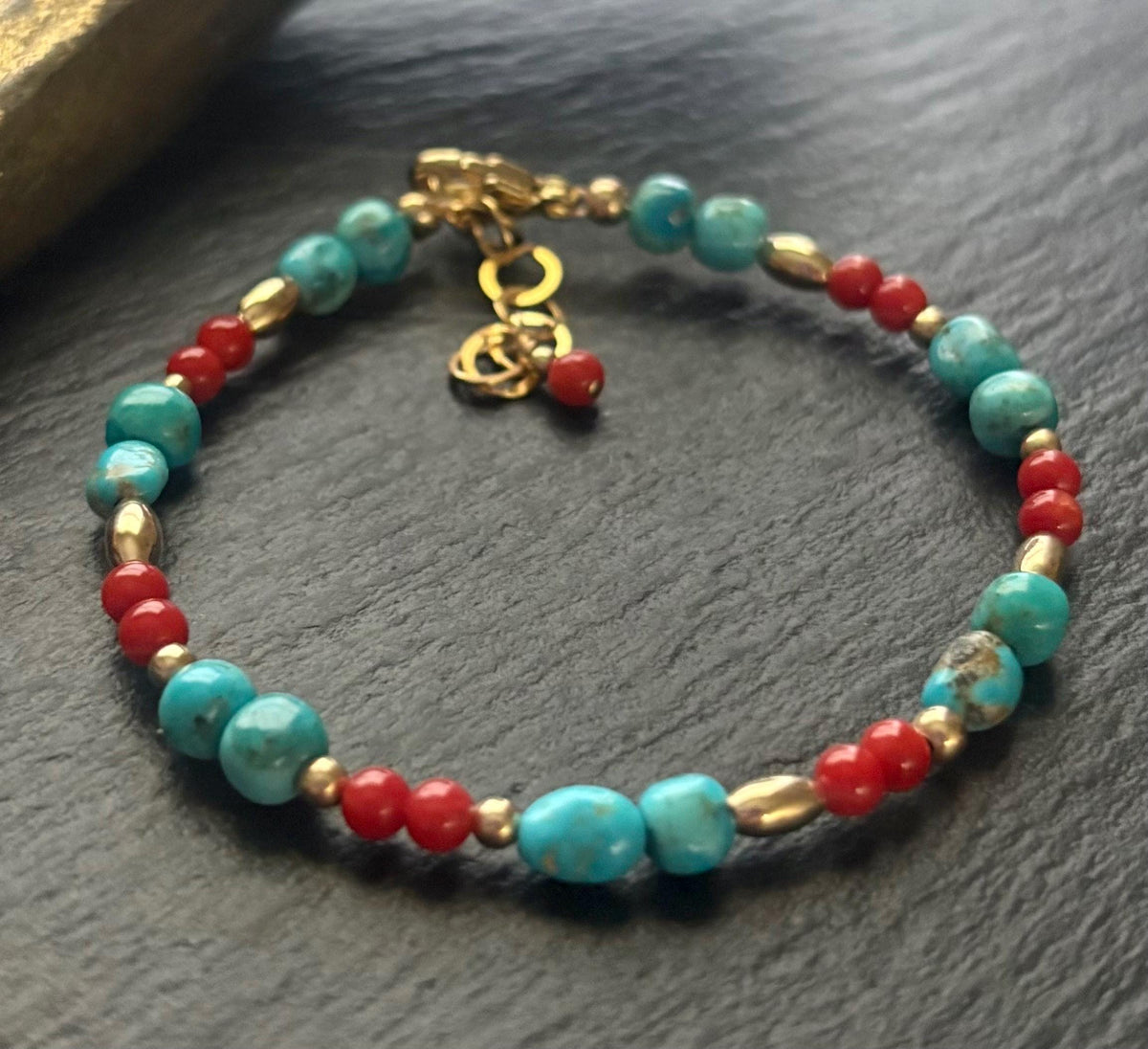 Kingman Turquoise & Red Coral Bracelet, 14k Gold Filled