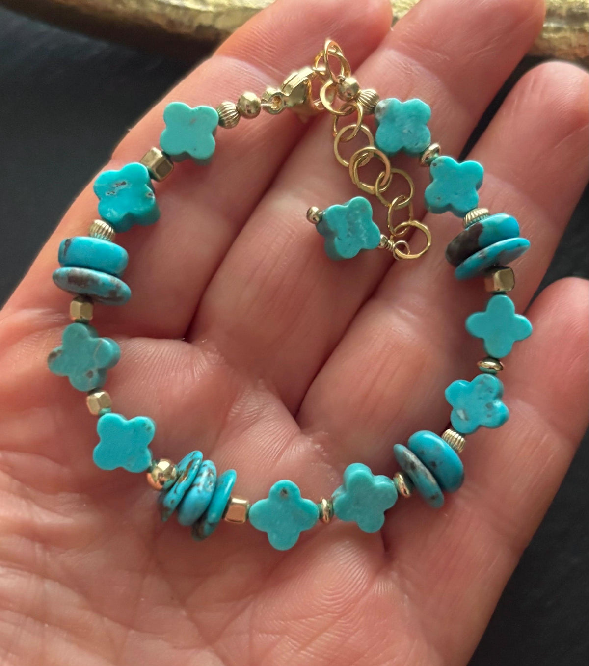 Natural Turquoise  Clover Bracelet,  Hand Carved Turquoise, 14K Gold Filled